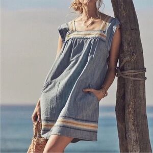 Faherty Hailee Stripe Trim Shift Dress In Indigo Ombre 100% Cotton